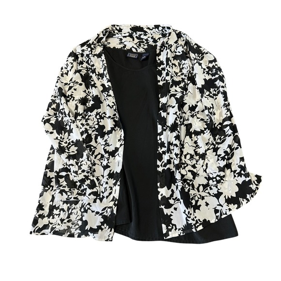Laura Scott Woman Plus 26W Black Floral Blouse Set Layered Roll Tab Sleeve - Picture 1 of 3